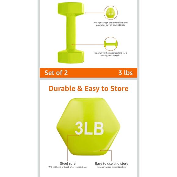 Amazon Basics Vinyl Coated Dumbbell Hand Weights Bright Green 3LB Each S21 - Picture 2 of 5